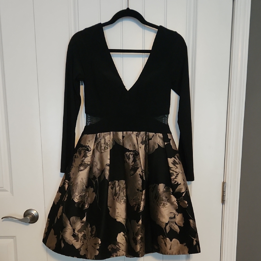 Xscape Black and Gold Floral Long Sleeve Dress